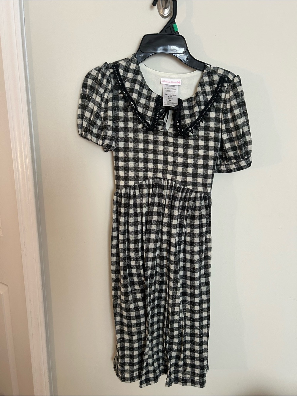 Bonnie Jean Black and White Gingham Dress with Peter Pan Collar - Size 14.